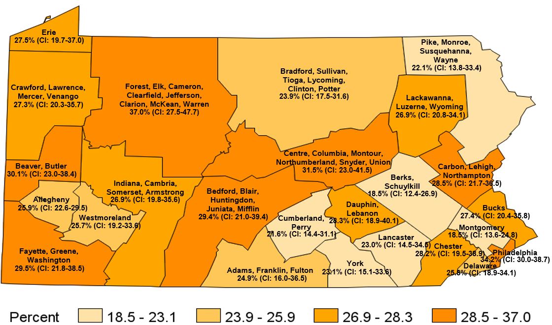 Used Any Prescription Pain Medications in the Past Year, Pennsylvania Regions, 2019